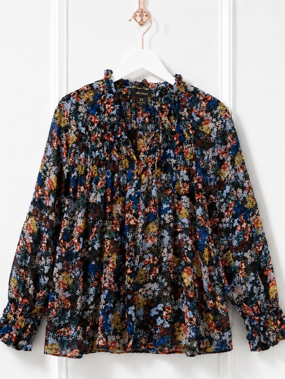 Ella Moss $178 Womens XS 100% Silk Peasant Floral Print Ruffle Blouse Flowy Top